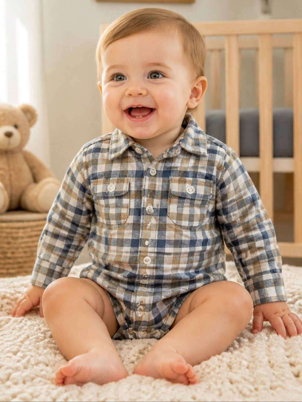 Baby Boy Cotton Flannel One-Piece Tan Plaid Long Sleeve Shirt Winter Western 18M